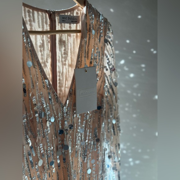 Mac Duggal 93850 | Silver Beaded Fringe | Long Sleeve Plunge |  Sz 6 | NWT - Picture 3 of 14